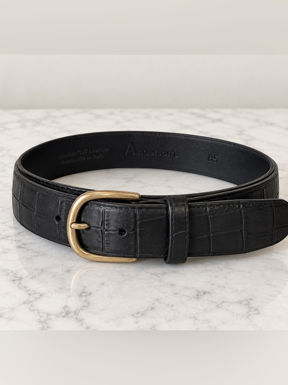 $240 ANDERSON’S CALF LEATHER CROC EMBOSSED BELT SZ 85